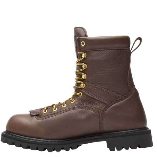  dark brown leather work boot with gold-colored metal eyelets and laces, shown from a left  angle against a plain white background.