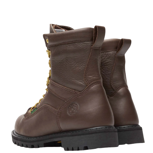 A pair of dark brown leather work boots with gold-colored metal eyelets and laces, shown from a three-quarters angle against a plain white background.