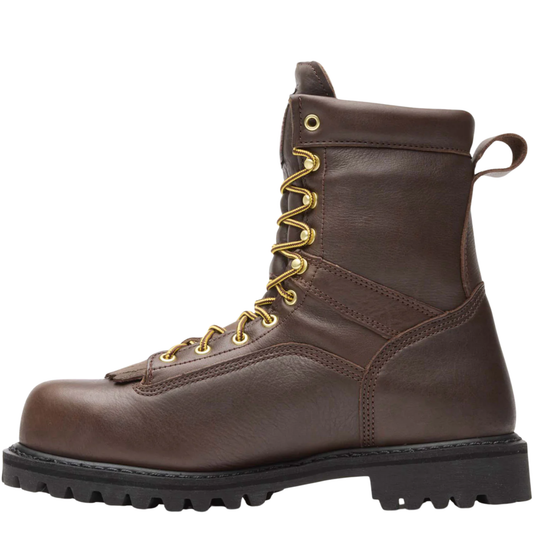 A dark brown leather lace-up work boot with gold-colored metal eyelets and a black rubber sole, shown from a side profile on a white background.
