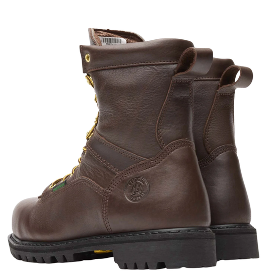 A dark brown leather lace-up work boots with gold-colored metal eyelets and a black rubber sole, shown from a back heel profile on a white background.