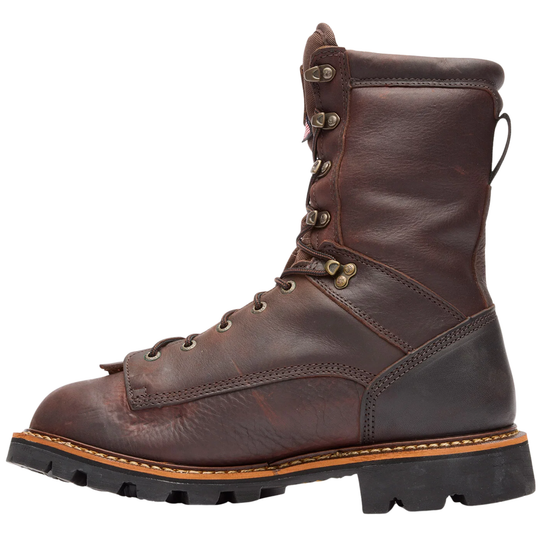 Brown leather boot with laces on a white background