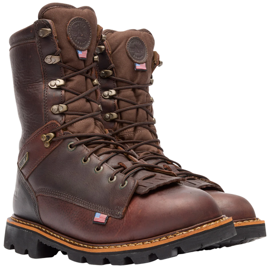 A pair of rugged brown leather work boots with black soles, shown from a three-quarter angle against a white background.