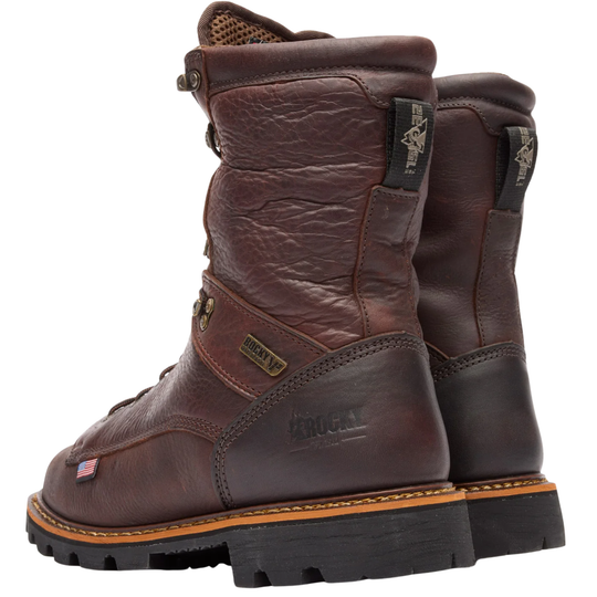 A pair of rugged brown leather work boots with black soles, shown from a three-quarter angle against a white background.
