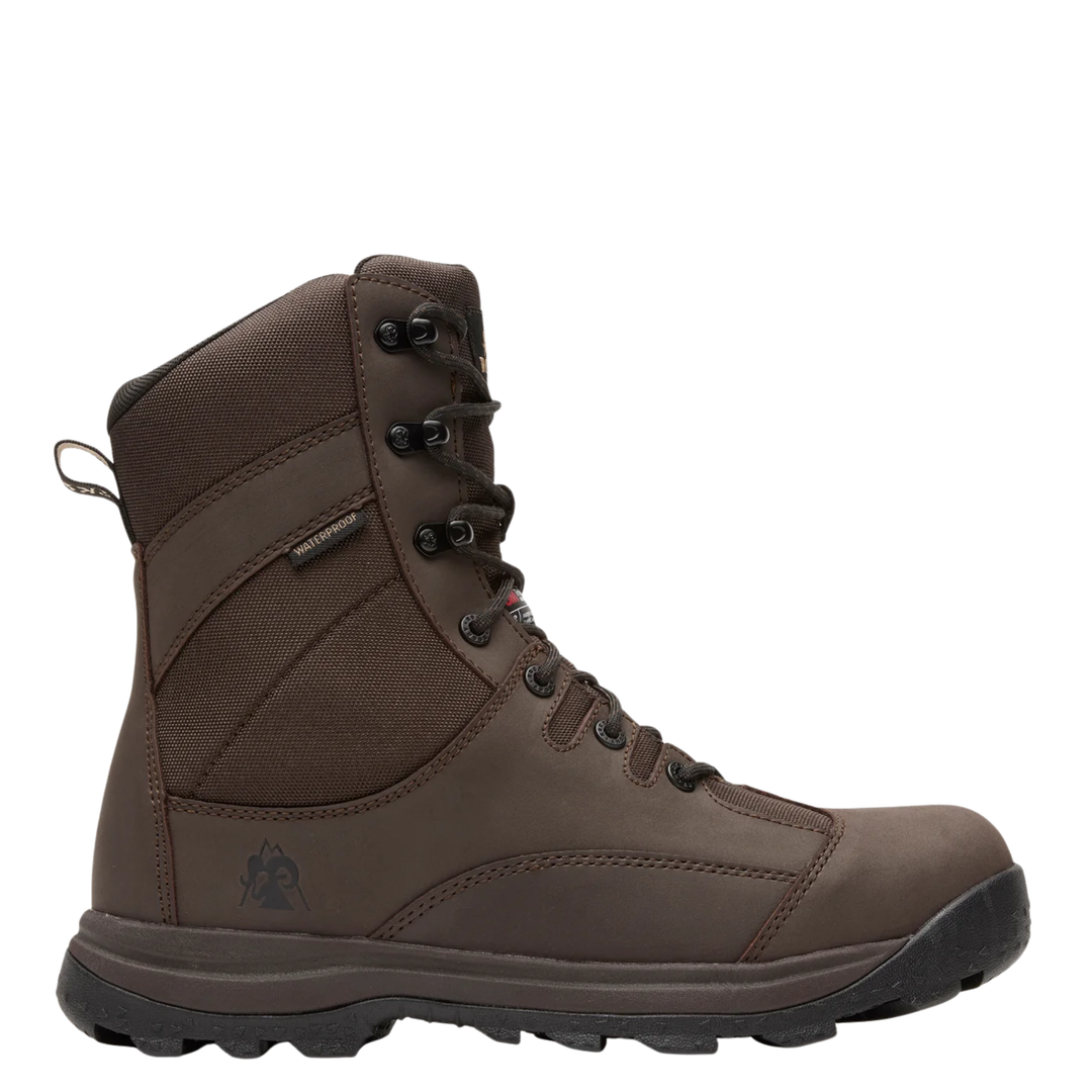 A dark brown mid-cut lace-up hiking boot with a textured synthetic upper, black laces, and a rugged black outsole, shown from a side profile on a white background.