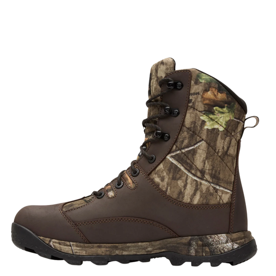A brown lace-up hunting boot with a brown leather upper and Realtree camouflage pattern panels on the side and around the collar, shown against a plain white background.
