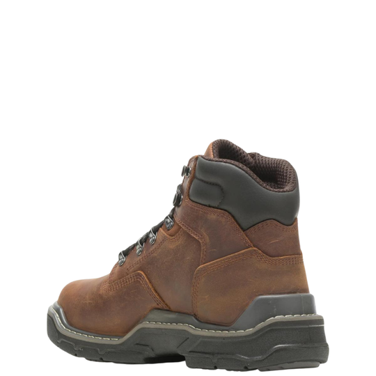 Brown leather boot with black laces on a white background