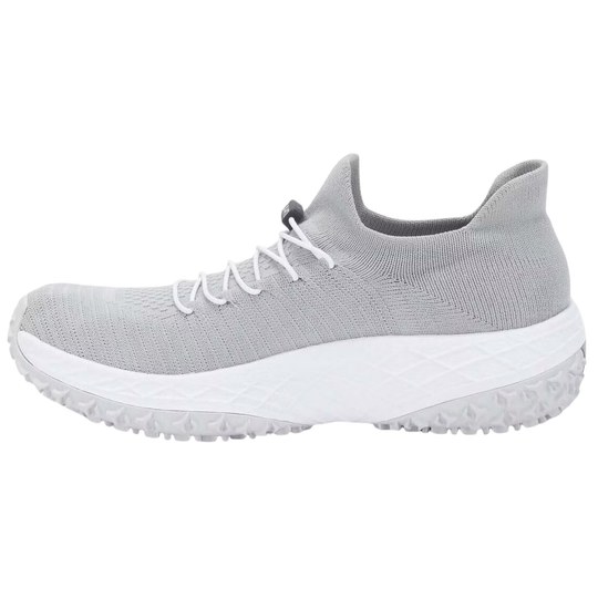 A light gray knit slip-on sneaker with white laces and a thick white midsole, shown from a side profile view on a white background.