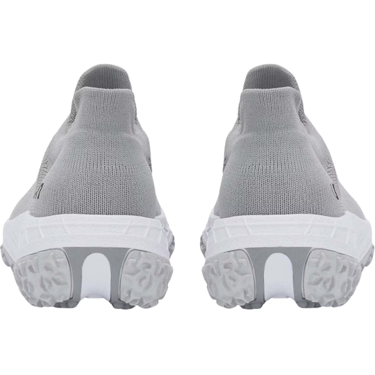 A light gray knit slip-on sneakers with white laces and a thick white midsole, shown from a back heel profile view on a white background.