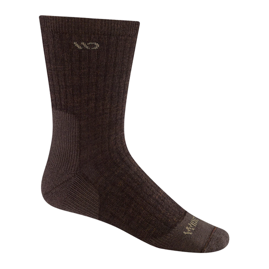 A single dark brown ribbed crew sock with a small beige logo near the cuff and a matching beige logo on the toe, shown against a plain white background.