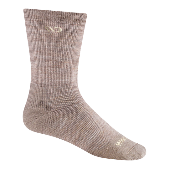 A  single crew-length athletic sock in a heathered taupe-beige color, shown on a plain white background.