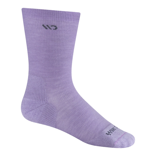 A single light purple crew sock with a dark gray logo on the upper cuff and 'wideopen' text near the toe, shown against a plain white background.