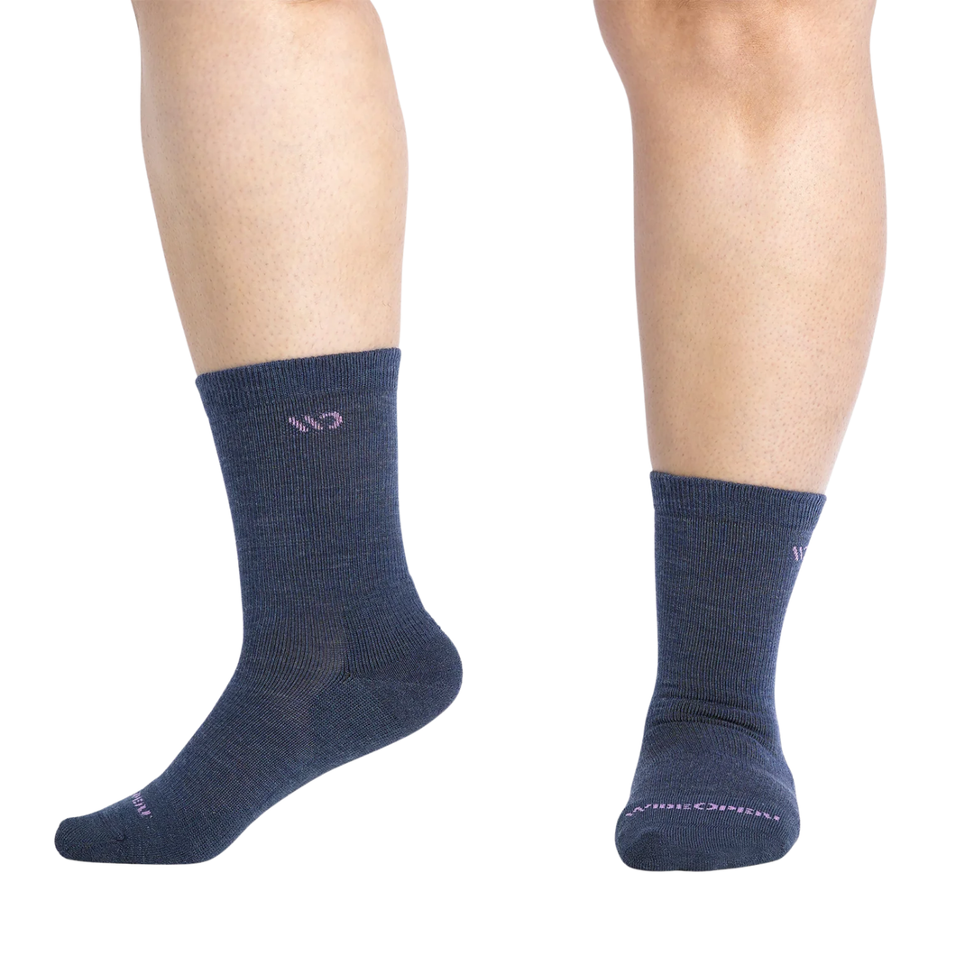 Wide Open Women's Solid Cushioned Crew Socks - Denim pair on female model on a white background