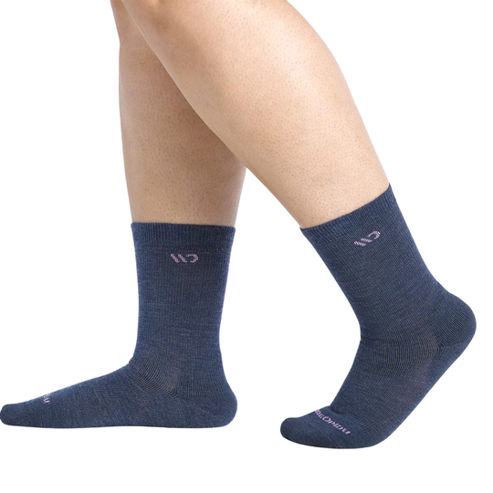 Wide Open Women's Solid Cushioned Crew Socks - Denim pair on female model on a white background