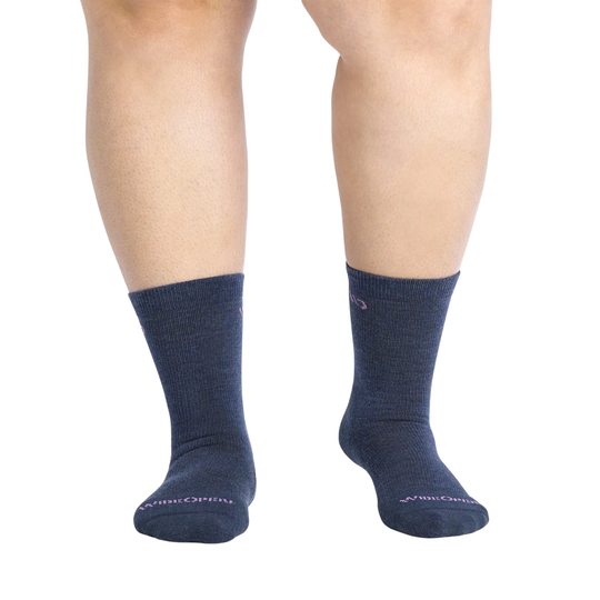 Wide Open Women's Solid Cushioned Crew Socks - Denim pair on female model on a white background