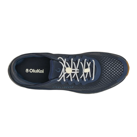 Blue running shoe with white sole on a white background
