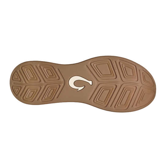 A brown shoe sole with a geometric tread pattern and a white stylized logo in the center, shown against a plain white background.