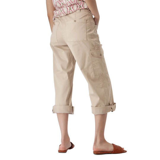 Aventura Women's Arden Mid Rise Wide Leg Utility Pant - Simply Taupe on a female model. On a white background. 