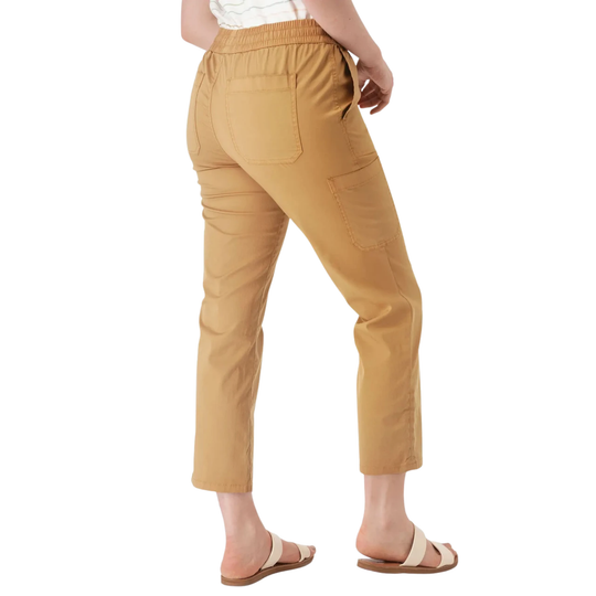 Old Ranch Women's Reagan Pull On Crop Pant - Dijon on female model show by the back. On a white background.