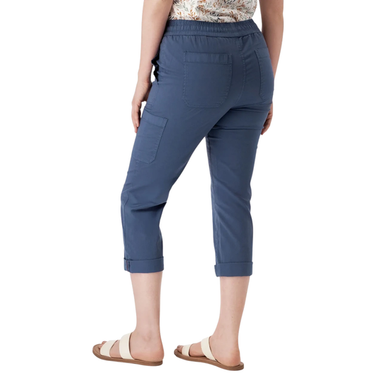Old Ranch Women's Reagan Pull On Crop Pant - Vintage Indigo of a female model back position on a white background