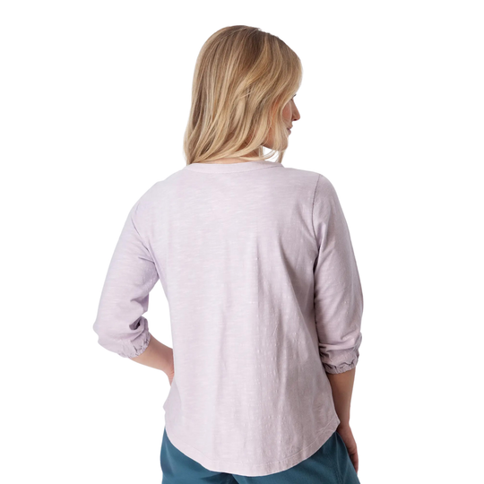 Old Ranch Women's Este Organic Cotton V Neck Henley Top - Orchid Petal on a female model on a white background.