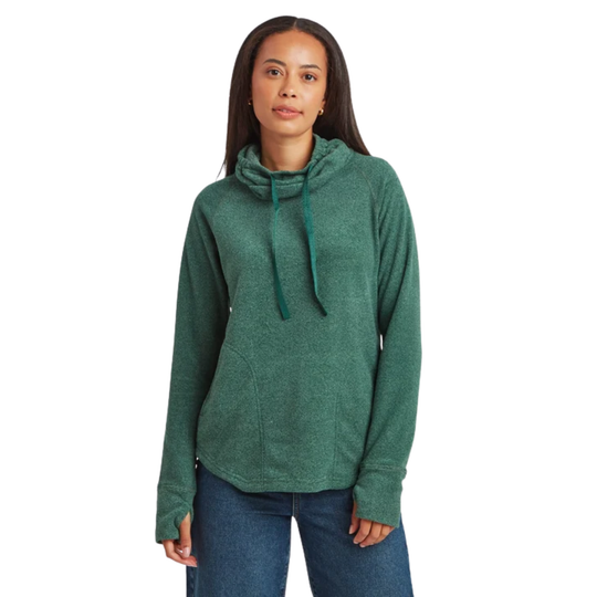 A woman modeling a heathered green long-sleeve cowl neck pullover hoodie with matching drawstrings, paired with blue jeans, against a plain white background.