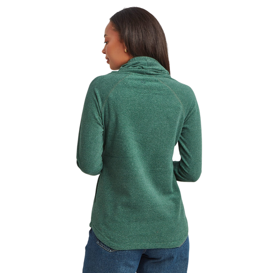 A woman shown from the back wearing a heathered green long-sleeve cowl-neck top and blue jeans, photographed against a plain white background.