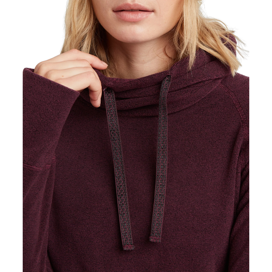 Close-up of a person wearing a heathered dark plum hooded sweatshirt, pulling the drawstrings slightly. The image is cropped from the lower face to the upper torso against a plain white background.