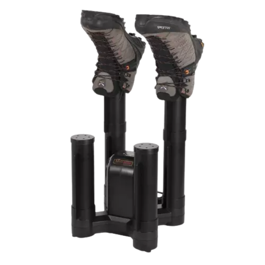 A black dual-station shoe drying and storage machine with two upright arms holding a pair of gray and black hiking boots, shown against a plain white background.