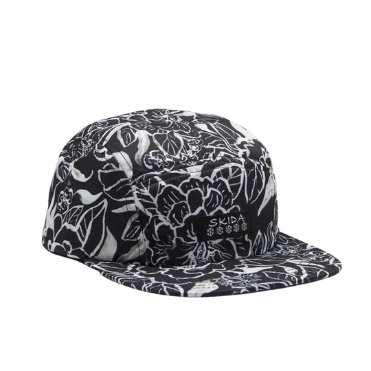 Black cap with white text on a white background