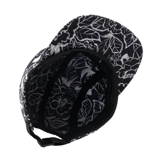 Black and white floral patterned baseball cap shown from an angled top-down view on a plain white background.