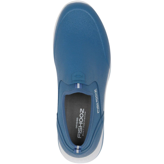 A blue slip-on water shoe shown from a top-down view on a white background, with the FISHOOZ brand name visible on the inner sole.
