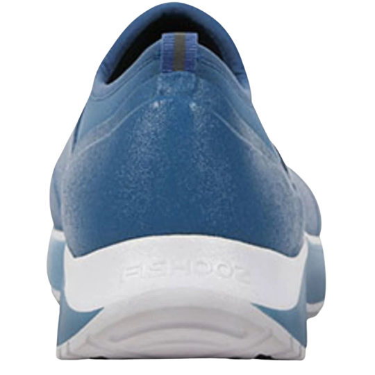 A close-up rear view of a blue slip-on shoe with a white sole, showing the brand name 'FISHOOZ' embossed on the midsole.
