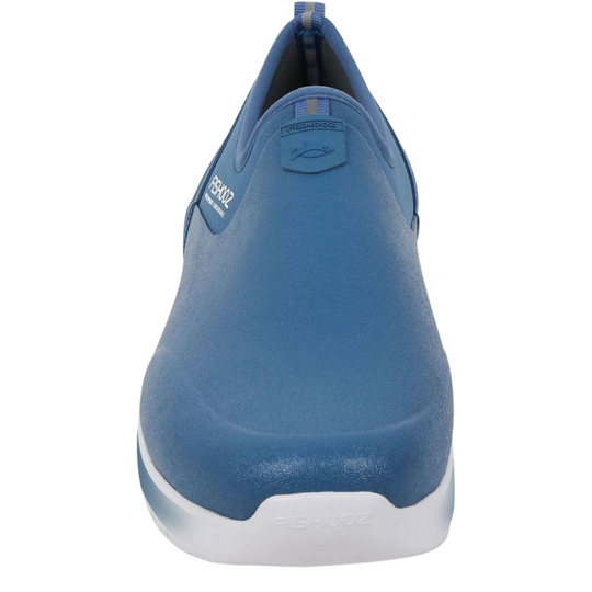 A single blue Fiskars slip-on water shoe shown from a front-facing angle against a plain white background.