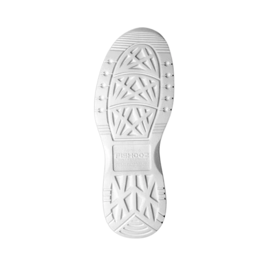 The white rubber outsole of a shoe, showing a detailed tread pattern and the embossed brand name 'FISHOOZ' in the center, isolated on a white background.