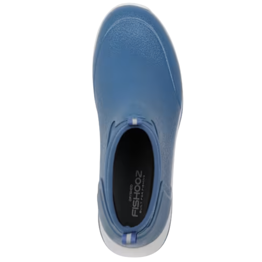 A blue ankle-high slip-on boot with a textured upper, elastic side panel, and a thick white and blue sole, shown from a top profile on a white background.