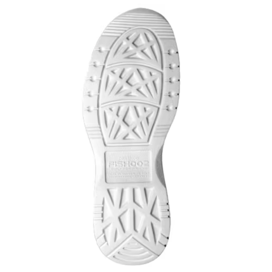The white outsole of a shoe, showing textured tread patterns and the embossed brand name 'FISHOOZ' in the center, isolated on a white background.