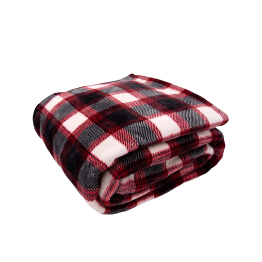 A folded plaid blanket with a red, black, and white checkered pattern, shown on a solid white background.