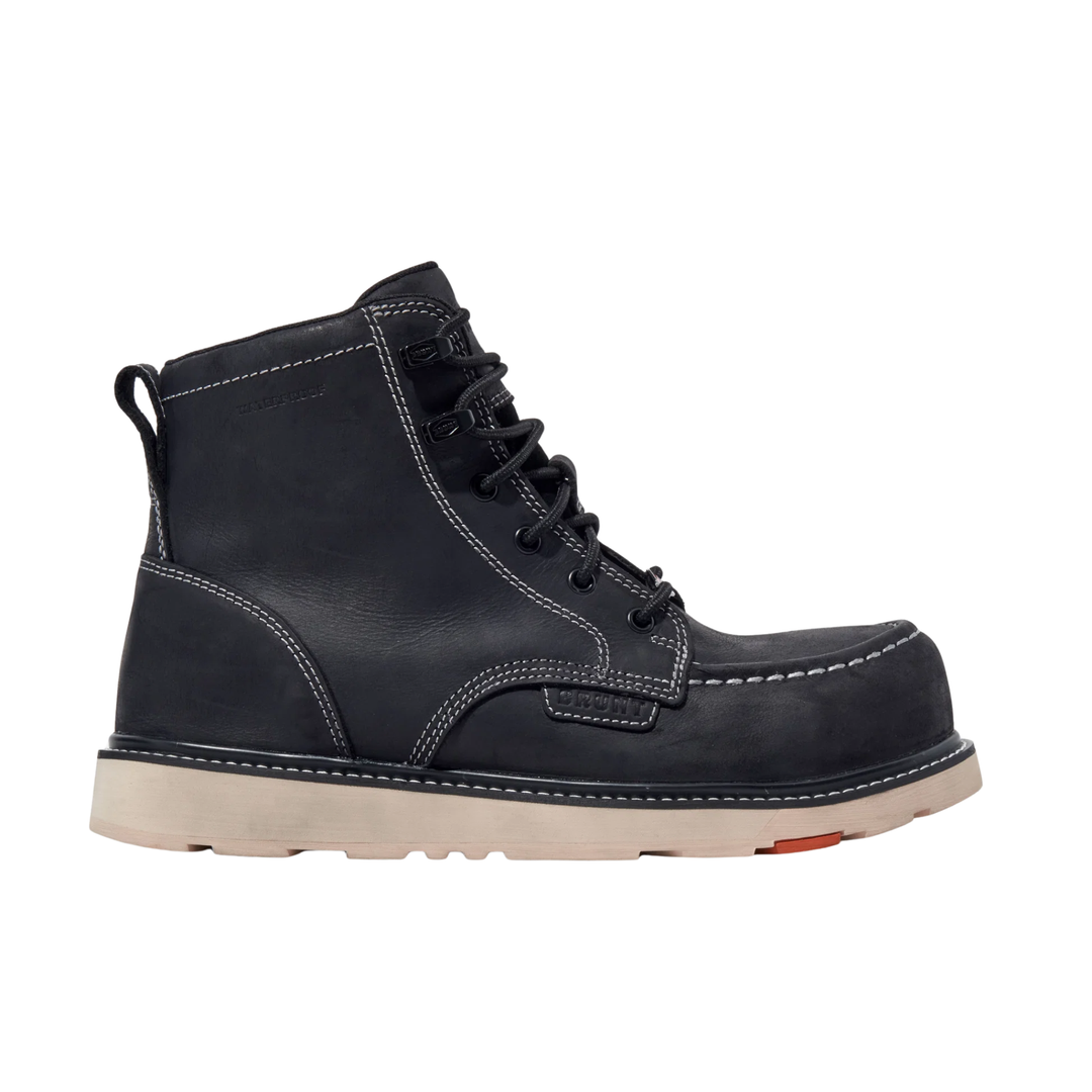 A black leather lace-up work boot with white contrast stitching, a light beige sole, and a small red accent on the toe bumper, shown from a side profile on a white background.