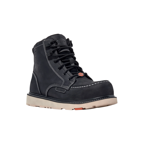 A single black leather lace-up work boot with white contrast stitching, a beige sole, and small orange accents, shown from a side profile on a white background.