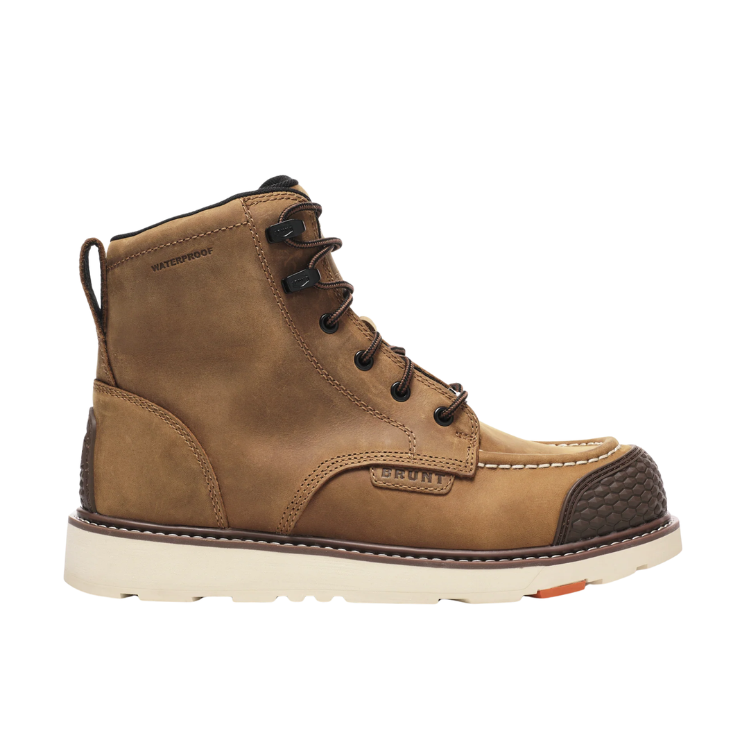 Brown leather boot with black accents on a white background