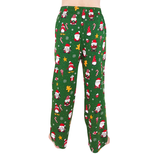 Green holiday pajama pants with an all-over Santa Claus print, shown on a white background.
