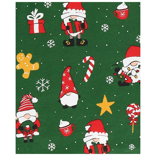 A festive Christmas-themed pattern featuring cartoon gnomes, Santa Claus, candy canes, snowflakes, gingerbread cookies, hot cocoa cups, and stars on a dark green background.