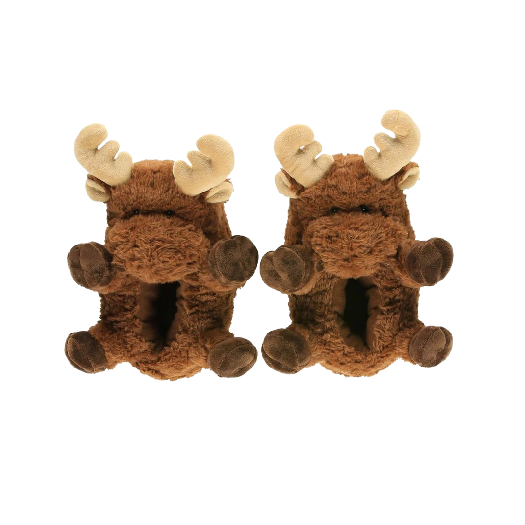 A pair of plush brown moose slippers with beige antlers, shown side by side on a plain white background.