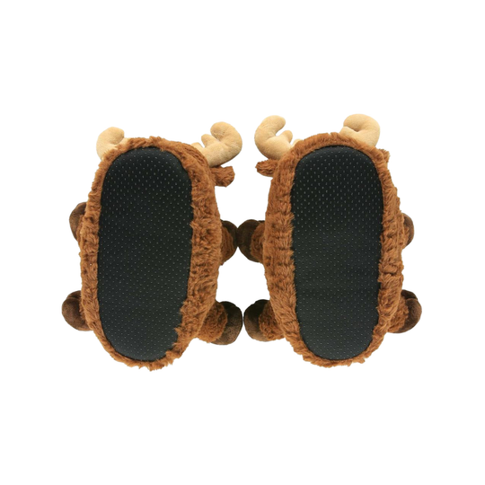 A pair of plush reindeer slippers shown from the back, featuring brown faux fur bodies, beige antlers, and black textured non-slip pads on a white background.