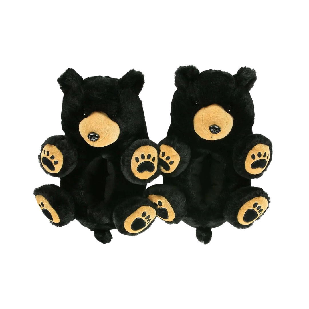Two black plush teddy bears with tan snouts and paw pads, shown side by side on a plain white background.
