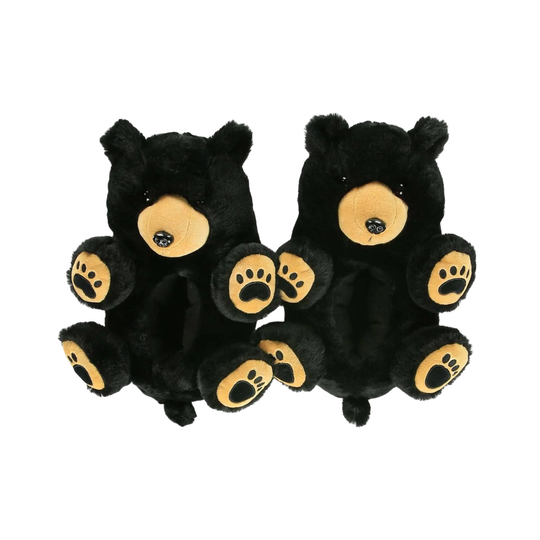 Two black plush teddy bears with tan snouts and paw pads, shown side by side on a plain white background.