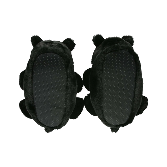 Black plush bear-shaped slippers shown from the back, featuring textured non-slip grip pads and small ear details, set against a plain white background.