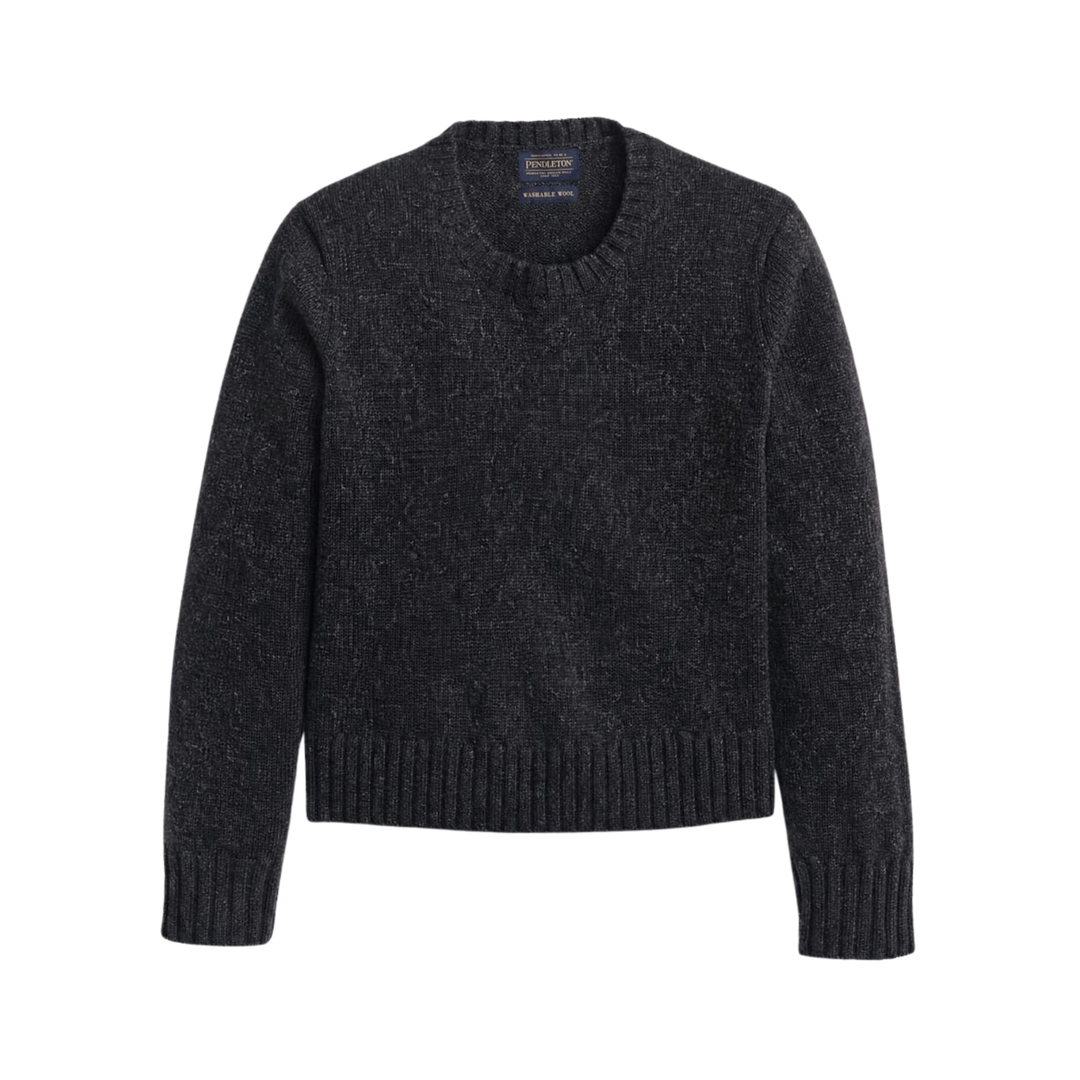 A dark charcoal gray knit sweater shown from the front, featuring a crew neck, long sleeves, and ribbed cuffs and hem, displayed on a solid white background.