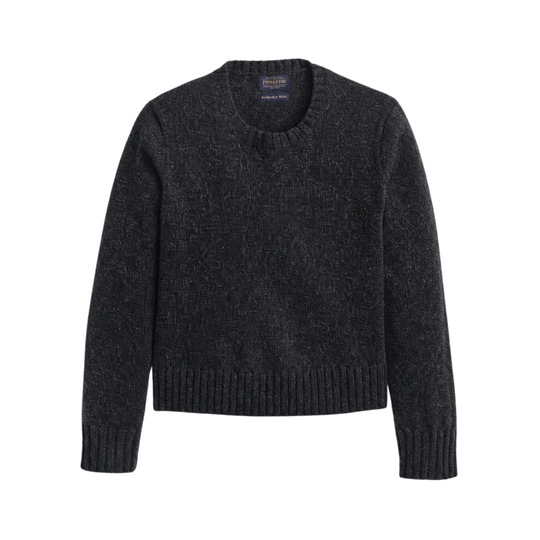 A dark charcoal gray knit sweater shown from the front, featuring a crew neck, long sleeves, and ribbed cuffs and hem, displayed on a solid white background.