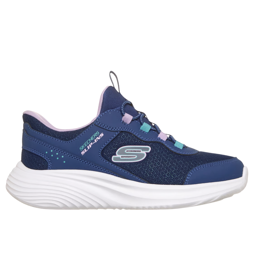 A navy blue Skechers Slip-On sneaker with a white sole, featuring light purple and turquoise accents on the laces and lining, and the Skechers logo on the side.
